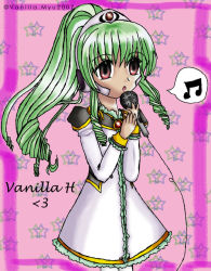 Rule 34 | 00s, 1girl, character name, galaxy angel, green hair, high ponytail, long hair, microphone, music, musical note, ponytail, poorly drawn, red eyes, simple background, singing, solo, spoken musical note, star (symbol), tagme, vanilla h