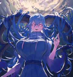 Rule 34 | 1girl, air bubble, backlighting, belt, blue dress, blue hair, braid, breasts, bubble, commentary, crossed bangs, curled horns, dress, fate/grand order, fate (series), from below, hair between eyes, hair on horn, hand up, high collar, highres, horns, huge breasts, juliet sleeves, large horns, larva tiamat (fate), larva tiamat (third ascension) (fate), long hair, long horns, long sleeves, looking at viewer, looking down, open mouth, outdoors, pink eyes, pointy ears, puffy sleeves, ribbed dress, sleeves past elbows, smile, solo, symbol-shaped pupils, teeth, tiamat (fate), upper teeth only, x-shaped pupils, zuraa (naunau seijin)