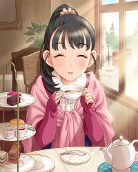 Rule 34 | 10s, 1girl, black hair, bus, cafe, cake, car, chair, closed eyes, cup, double-decker bus, elizabeth tower, food, fukuyama mai, hair ornament, idolmaster, idolmaster cinderella girls, indoors, jam, jpeg artifacts, lamppost, london, looking at viewer, motor vehicle, official art, ponytail, pov across table, saucer, scone, scrunchie, shawl, sitting, smile, solo, table, tablecloth, tea, tea set, tea stand, teacup, teapot, tiered serving stand, tiered tray, vehicle, window, winter clothes