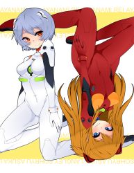 2girls ayanami_rei blue_eyes blue_hair blush bodysuit breasts brown_hair character_name crossed_arms curvy kneeling long_hair looking_at_viewer mecha_pilot_suit medium_breasts multicolored_bodysuit multicolored_clothes multiple_girls neon_genesis_evangelion plugsuit red_bodysuit red_eyes shiny_clothes shiny_skin shioiri short_hair skin_tight souryuu_asuka_langley standing twintails two_side_up very_long_hair wide_hips