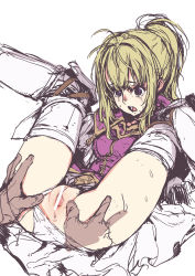 Rule 34 | 1girl, anus, bar censor, belt, blonde hair, blush, boots, branch (blackrabbits), censored, clarine, clothing aside, dress, fire emblem, fire emblem: the binding blade, fire emblem heroes, folded, knees to chest, legs up, long hair, lying, nintendo, on back, panties, panties aside, ponytail, purple eyes, pussy, simple background, solo focus, spread legs, spread pussy, sweat, tears, thigh boots, thighhighs, underwear, white background, white panties, white thighhighs