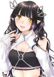 Rule 34 | 1girl, absurdres, ayu (sweetfish man), black hair, black tube top, blunt bangs, blush, breasts, cleavage, commentary request, demon girl, demon horns, highres, horns, jacket, kojo anna, kojo anna (2nd costume), lace-trimmed jacket, long hair, long sleeves, looking at viewer, medium breasts, multicolored hair, nanashi inc., official alternate costume, open mouth, pointy ears, purple hair, shrug (clothing), simple background, sleeves past wrists, smile, solo, strapless, sugar lyric, tube top, twintails, two-tone hair, upper body, virtual youtuber, white background, white jacket, yellow eyes