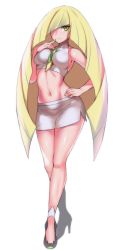 Rule 34 | 1girl, adapted costume, alternate color, bare legs, bare shoulders, blonde hair, blush, breasts, collarbone, creatures (company), crop top, diamond (shape), full body, game freak, green eyes, hair over one eye, hand on own hip, hevn, high heels, highres, legs, long hair, looking at viewer, lusamine (pokemon), mature female, medium breasts, midriff, miniskirt, navel, nintendo, pencil skirt, pokemon, pokemon sm, shiny skin, sideboob, simple background, skirt, smile, solo, standing, stomach, very long hair, white background