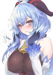 Rule 34 | 1girl, ahoge, bare shoulders, bell, black gloves, blue hair, blush, bow, breasts, cloud retainer (genshin impact), covered erect nipples, detached sleeves, ganyu (genshin impact), genshin impact, gloves, gold trim, highres, horns, large breasts, long hair, looking at viewer, neck bell, purple eyes, sidelocks, suzuneko (yume no kyoukai), sweat, sweatdrop, upper body, white background, white sleeves, xianyun (genshin impact)