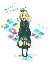 Rule 34 | 1girl, arms at sides, black jacket, black legwear, blush, bow, brown bow, brown skirt, crown, dress, expressionless, full body, green eyes, highres, jacket, long hair, long sleeves, looking down, looking to the side, low twintails, open clothes, open jacket, open mouth, original, pigeon-toed, puddle, skirt, solo, standing, twintails, xxxxakixxxx