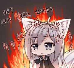 Rule 34 | 1girl, :o, ahoge, anger vein, angry, animal ear fluff, animal ears, black background, black jacket, blade &amp; soul, fire, fox ears, fox girl, fox tail, grey eyes, hair between eyes, jacket, korean text, long hair, long sleeves, looking at viewer, lyn (blade &amp; soul), neckerchief, parted lips, pointing, pointing at self, school uniform, serafuku, shirt, silver hair, simple background, solo, tail, tandohark, translation request, very long hair, white shirt, yellow neckerchief