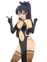 Rule 34 | 1girl, :d, alternate costume, antenna hair, aqua eyes, bare hips, bare shoulders, black dress, black gloves, black hair, black ribbon, blush, bracelet, breasts, brown thighhighs, cleavage, clenched hand, collarbone, contrapposto, cosplay, criss-cross halter, dead or alive, dress, earrings, elbow gloves, artistic error, fang, female focus, ganaha hibiki, gloves, hair between eyes, hair ribbon, halterneck, highres, hoop earrings, idolmaster, idolmaster (classic), index finger raised, jewelry, kagemusha, large breasts, legs, lei fang, lei fang (cosplay), long hair, navel, neck, o-ring, o-ring dress, open mouth, pelvic curtain, ponytail, revealing clothes, ribbon, shiny skin, simple background, smile, solo, tecmo, thighhighs, white background