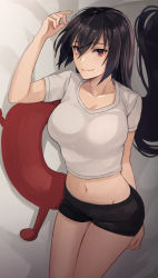 Rule 34 | 1girl, 1other, abyssal ship, bed sheet, black hair, black shorts, breasts, closed mouth, collarbone, enemy lifebuoy (kancolle), hair between eyes, highres, kantai collection, kasumi (skchkko), large breasts, long hair, lying, nagato (kancolle), navel, on side, red eyes, shirt, short sleeves, shorts, smile, white shirt