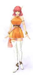 Rule 34 | 1girl, bare shoulders, boots, dress, earrings, final fantasy, final fantasy v, full body, green eyes, jewelry, kirishima satoshi, lenna charlotte tycoon, orange dress, red hair, solo, standing, tachi-e, thigh boots, thigh strap, thighhighs, white background