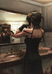 Rule 34 | 1girl, absurdres, black dress, black gloves, black hair, blood, blood on clothes, blood on face, broken mirror, dagger, dress, earrings, fingerless gloves, gloves, gold earrings, gold hairband, hairband, highres, jewelry, jongjeh, knife, looking at mirror, mirror, red eyes, reflection, sink, solo, spy x family, standing, stiletto (weapon), water, weapon, yor briar