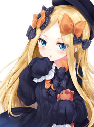 Rule 34 | 1girl, abigail williams (fate), black bow, black hat, blonde hair, blue eyes, blush, bow, dress, fate/grand order, fate (series), hair bow, hat, highres, hinata sora, hugging object, long hair, long sleeves, looking at viewer, orange bow, parted bangs, polka dot, polka dot bow, sleeves past fingers, sleeves past wrists, solo, stuffed animal, stuffed toy, teddy bear, very long hair