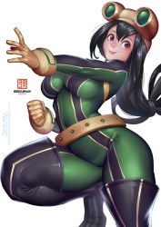 Rule 34 | 10s, 1girl, :&gt;, asui tsuyu, black eyes, black hair, blush, bodysuit, boku no hero academia, bokuman, breasts, character name, frog girl, gloves, green bodysuit, green hair, hair rings, long hair, long tongue, looking at viewer, low-tied long hair, simple background, smile, solo, thighhighs, tongue, tongue out, watermark, web address, white background