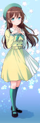 Rule 34 | 1girl, absurdres, belt, beret, black footwear, blue background, blue eyes, blush, brown hair, buttons, closed mouth, collared dress, commentary request, double-breasted, dress, frilled skirt, frills, green hat, green neckerchief, green socks, hair between eyes, hat, highres, idol clothes, itsuki kuro, long hair, looking at viewer, love live!, love live! nijigasaki high school idol club, mirai harmony, neckerchief, osaka shizuku, own hands together, petals, shadow, skirt, smile, socks, solo, standing, two-tone dress, wind, yellow belt