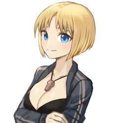 Rule 34 | 1girl, blonde hair, blue eyes, breasts, character request, cleavage, closed mouth, copyright request, split mouth, highres, jacket, long sleeves, short hair, simple background, smile, solo, sookmo, whistle, whistle around neck, white background