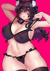 Rule 34 | 1girl, animal ear fluff, animal ears, armpits, black hair, blush, bra, breasts, cat ears, cleavage, covered erect nipples, highres, large breasts, lingerie, long hair, non-web source, nyarla (osiimi), osiimi, panties, purple eyes, solo, thick thighs, thighs, underwear