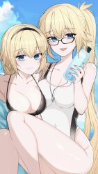 Rule 34 | 2girls, absurdres, bare shoulders, bikini, black bikini, blonde hair, blue eyes, blue jacket, bottle, breasts, cleavage, competition swimsuit, covered navel, dual persona, fate/grand order, fate (series), glasses, hairband, highres, holding, holding bottle, jacket, jeanne d&#039;arc (fate), jeanne d&#039;arc (swimsuit archer) (fate), jeanne d&#039;arc (swimsuit archer) (first ascension) (fate), jeanne d&#039;arc (swimsuit archer) (second ascension) (fate), large breasts, long hair, looking at viewer, mati5572, multiple girls, one-piece swimsuit, open mouth, ponytail, smile, swimsuit, whistle, whistle around neck, white one-piece swimsuit