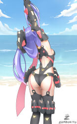 Rule 34 | 1girl, absurdres, ass, breasts, elbow gloves, from behind, gloves, highres, leotard, long hair, medium breasts, poppi (xenoblade), purple hair, sideboob, solo, suspenders, thighhighs, very long hair, xenoblade chronicles (series), xenoblade chronicles 2, zambonito