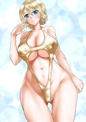 Rule 34 | 1girl, blonde hair, blue background, blue eyes, braid, breasts, casual one-piece swimsuit, cleft of venus, closed mouth, clothing cutout, commentary, cowboy shot, darjeeling (girls und panzer), dutch angle, girls und panzer, gluteal fold, gold one-piece swimsuit, halterneck, hand to own mouth, highleg, highleg swimsuit, highres, huge breasts, looking at viewer, navel, navel cutout, one-piece swimsuit, shiromitsu suzaku, short hair, smile, solo, sparkle, standing, swimsuit, thigh gap, twin braids