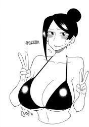 Rule 34 | 1girl, artist name, asymmetrical bangs, bare shoulders, bijin onna joushi takizawa-san, bikini, bikini top only, black eyes, black hair, blush, bouncing breasts, breasts, cleavage, collarbone, double v, earrings, female focus, jewelry, large breasts, long bangs, looking at viewer, mole, mole under mouth, monochrome, navel, parted bangs, pen (medium), sagging breasts, shiny clothes, simple background, solo, solo focus, sound effects, swimsuit, takizawa kyouko, traditional media, upper body, v, white background, yan-baru