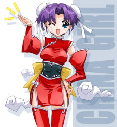 Rule 34 | 1girl, blue eyes, bun cover, china dress, chinese clothes, csy, detached sleeves, double bun, dress, lowres, one eye closed, original, purple hair, solo, thighhighs, wink