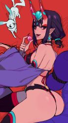 Rule 34 | 1girl, absurdres, ass, bare shoulders, breasts, commentary, ennuigrl, fate/grand order, fate (series), highres, looking at viewer, looking back, nail polish, purple eyes, purple hair, red background, short hair, shuten douji (fate), shuten douji (fate/grand order), shuten douji (halloween caster) (fate), solo, thighs, unfinished