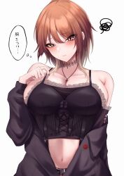 Rule 34 | aketa mikoto, black jacket, black shirt, blush, breasts, brown hair, cleavage, collarbone, cosplay, crop top, highres, idolmaster, idolmaster shiny colors, ikaruga luca, ikaruga luca (cosplay), jacket, jacket partially removed, large breasts, looking at viewer, off-shoulder shirt, off shoulder, shirt, simple background, squiggle, ssrg srrg, thought bubble, translation request, upper body, white background