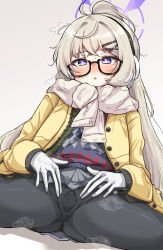 Rule 34 | 1girl, black-framed eyewear, blonde hair, blue archive, blush, commentary request, glasses, gloves, grey background, halo, highres, jacket, kotama (blue archive), kotama (camp) (blue archive), long hair, long sleeves, machismo fuji, official alternate costume, open clothes, open jacket, pantyhose, ponytail, purple eyes, purple halo, scarf, semi-rimless eyewear, simple background, sitting, skirt, spread legs, spread pussy under clothes, steaming body, sweat, white background, yellow jacket
