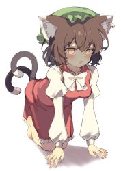 Rule 34 | 1girl, absurdres, all fours, animal ear piercing, animal ears, barefoot, bow, bowtie, brown eyes, brown hair, cat ears, cat girl, cat tail, chen, dress, feet, green hat, hat, highres, looking at viewer, multiple tails, nekomata, red dress, seika okawari, shirt, solo, tail, toes, touhou, white background, white bow, white bowtie, white shirt