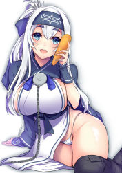 Rule 34 | 1girl, ainu clothes, bandana, blue eyes, blue headband, breasts, carrot, chikage (blackclownery), commentary request, cropped jacket, folded ponytail, fundoshi, headband, highres, japanese clothes, kamoi (kancolle), kantai collection, leg wrap, looking at viewer, open mouth, panties, pelvic curtain, round teeth, sideboob, sidelocks, solo, teeth, thick eyebrows, underwear, upper teeth only, white hair, white panties, wrist guards