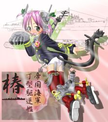Rule 34 | 1girl, anchor, animal hands, bilge tsuki, blush stickers, boat, bulge tsuki, camellia, cat paws, destroyer, flower, green eyes, gun, imperial japanese navy, leaf, looking back, mecha musume, military, military uniform, military vehicle, name connection, no pants, object namesake, one-piece swimsuit, open mouth, original, paw pose, pink hair, propeller, school swimsuit, ship, short hair, short twintails, solo, swimsuit, swimsuit under clothes, tail, thighhighs, twintails, uniform, warship, watercraft, weapon, white one-piece swimsuit, white school swimsuit, world war ii