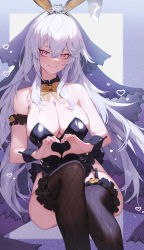 Rule 34 | 1girl, absurdres, animal ears, bare shoulders, black leotard, bow, bowtie, breasts, cleavage, closed mouth, counter:side, detached collar, fake animal ears, fishnet thighhighs, fishnets, frilled thighhighs, frills, gaeun (counter:side), garter straps, grey hair, hair between eyes, heart, heart hands, highres, large breasts, leotard, long hair, looking at viewer, official alternate costume, pink eyes, rabbit ears, smile, solo, strapless, strapless leotard, thighhighs, tiara, tunamayo (dsasd751), veil, very long hair, wrist cuffs, yellow bow, yellow bowtie