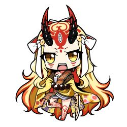 Rule 34 | 1girl, bare legs, barefoot, blonde hair, brown eyes, facial mark, fangs, fate/grand order, fate (series), forehead mark, gradient hair, hand on own hip, hand up, head tilt, horns, ibaraki douji (fate), japanese clothes, kimono, long hair, long sleeves, looking at viewer, multicolored hair, off shoulder, oni, oni horns, open mouth, red hair, shachoo., simple background, solo, standing, standing on one leg, very long hair, white background, wide sleeves, yellow kimono