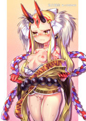 Rule 34 | blonde hair, breasts, breasts out, embarrassed, fate/grand order, fate (series), horns, ibaraki douji (fate), inverted nipples, japanese clothes, kimono, long hair, monster girl, nipples, ofuda, oni, shennai misha, small breasts, sweat, tattoo, tears, thighs, undressing