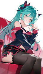 Rule 34 | 1girl, absurdres, aqua eyes, aqua hair, belt, bench, between legs, black belt, black jacket, black skirt, black thighhighs, blush, breasts, butterfly hair ornament, cleavage, commentary, fingernails, hair between eyes, hair ornament, hand between legs, hatsune miku, highres, honey whip (module), jacket, jiu ye sang, long hair, long sleeves, looking at viewer, medium breasts, nail polish, on bench, parted lips, project diva (series), red nails, sidelocks, simple background, sitting, skirt, smile, solo, thighhighs, twintails, very long hair, vocaloid, white background
