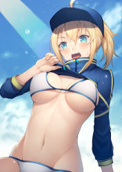 Rule 34 | 1girl, ahoge, aqua eyes, artoria pendragon (fate), baseball cap, bikini, blue hat, blue sky, blush, breasts, commentary request, day, fate/grand order, fate (series), hat, kyoeiki, light rays, long sleeves, medium breasts, mysterious heroine x (fate), mysterious heroine xx (fate), navel, open mouth, outdoors, short hair, short ponytail, shrug (clothing), sidelocks, sky, solo, stomach, sunbeam, sunlight, swimsuit, teeth, underboob, upper body, upper teeth only, water drop, white bikini, zipper pull tab