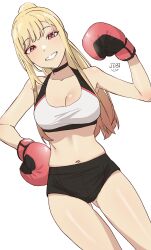 Rule 34 | 1girl, absurdres, bare arms, bare shoulders, black shorts, blonde hair, boxing gloves, breasts, cleavage, commentary, commission, copyright request, dutch angle, english commentary, gluteal fold, grin, hand on own hip, highres, jebi, kitagawa marin, long hair, looking at viewer, medium breasts, navel, ponytail, red eyes, shorts, signature, simple background, smile, solo, sono bisque doll wa koi wo suru, very long hair, white background