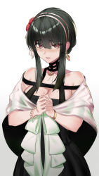 Rule 34 | 1girl, absurdres, black dress, black hair, blush, bracelet, breasts, commentary, dress, earrings, flower, gold earrings, gold hairband, hair flower, hair ornament, hairband, highres, jewelry, large breasts, looking at viewer, own hands clasped, own hands together, red eyes, rose, shawl, short hair, short hair with long locks, sleeveless, sleeveless dress, solo, spy x family, srpzk, translated, white background, yor briar