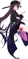 Rule 34 | 1girl, black coat, black hat, black shorts, blush, breasts, brown hair, coat, coattails, flower, genshin impact, hat, hat flower, highres, hu tao (genshin impact), long hair, long sleeves, looking at viewer, pako (pakosun), plum blossoms, red eyes, shorts, small breasts, solo, symbol-shaped pupils, thighs, twintails, very long hair