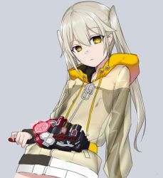 Rule 34 | 1girl, belt, blonde hair, grey background, hood, hoodie, kamen rider, kamen rider build, kamen rider build (series), long hair, long sleeves, looking at viewer, original, see-through, simple background, solo, twintails, upper body, xiujia yihuizi, yellow eyes