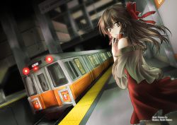 Rule 34 | 1girl, artist name, bare shoulders, bow, brown eyes, brown hair, female focus, freeze-ex, hair bow, hair tubes, hakurei reimu, long hair, looking back, solo, standing, subway, tactile paving, touhou, train, train station, united states