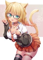 Rule 34 | 1girl, animal ears, blonde hair, blush, braid, breasts, cat ears, cat girl, cat tail, collarbone, commission, earrings, glasses, green eyes, heart, heart earrings, highres, jacket, jewelry, kisukekun, large breasts, long hair, looking at viewer, off shoulder, open clothes, open mouth, original, paw pose, pleated skirt, shirt, single thighhigh, skeb commission, skirt, smile, solo, tail, thigh strap, thighhighs, twin braids, white shirt