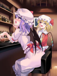 Rule 34 | 2girls, alcohol, back bow, bar (place), bar stool, bat wings, blonde hair, bow, breasts, drunk, fang, fang out, flandre scarlet, frilled shirt collar, frilled skirt, frilled sleeves, frills, from side, hair between eyes, hat, hat ribbon, highres, indoors, looking at another, medium hair, mob cap, multicolored wings, multiple girls, on stool, one eye closed, open mouth, pink headwear, pink shirt, pink skirt, puffy short sleeves, puffy sleeves, purple hair, rainbow order, rainbow wings, red bow, red ribbon, red skirt, red vest, remilia scarlet, ribbon, shirt, short sleeves, siblings, sisters, skirt, small breasts, stool, touhou, vest, white bow, white headwear, white shirt, wings, wooden floor, yasuu (ezuw3737), yawning