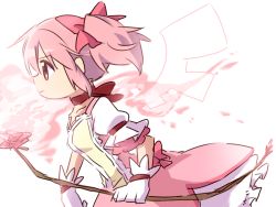Rule 34 | 1girl, amaiwashi, bad id, bad pixiv id, bow, breasts, bubble skirt, choker, flower, frown, gloves, hair ribbon, holding, kaname madoka, looking away, mahou shoujo madoka magica, mahou shoujo madoka magica (anime), pink eyes, pink flower, pink hair, pink ribbon, pink rose, pink theme, profile, puffy short sleeves, puffy sleeves, ribbon, rose, serious, short sleeves, simple background, skirt, small breasts, solo, twintails, upper body, walking, white background, white gloves, white theme, wings