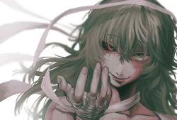 Rule 34 | 1girl, bandaged arm, bandaged hand, bandages, black sclera, blurry, colored sclera, commentary request, depth of field, eto (tokyo ghoul), fuon shichimi, green eyes, green hair, hair between eyes, highres, long hair, looking at viewer, red eyes, simple background, smile, solo, tokyo ghoul, white background