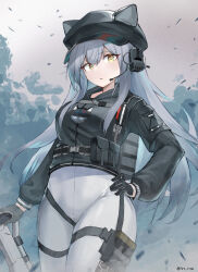 Rule 34 | 1girl, alternate hairstyle, animal ears, arknights, black gloves, black hat, cabbie hat, cat ears, cat girl, cat tail, cowboy shot, ears through headwear, gloves, grey hair, hand on own hip, hat, highres, long hair, long sleeves, microphone, nitoron, official alternate costume, pants, revision, schwarz (arknights), schwarz (skyline) (arknights), sidelocks, solo, standing, tail, twitter username, yellow eyes
