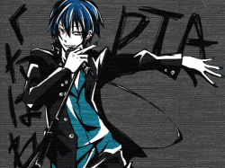 Rule 34 | 1boy, blue hair, earrings, grin, jacket, jewelry, kaito (vocaloid), kutabare pta (vocaloid), male focus, middle finger, partially colored, red eyes, sharp teeth, smile, solo, teeth, towji, vocaloid