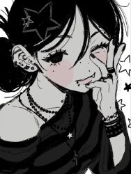Rule 34 | 1girl, bead necklace, beads, black hair, black nails, black shirt, bracelet, collarbone, commentary, fang, hair behind ear, hair between eyes, hair bun, hand on own cheek, hand on own face, hasu ( 0318ren ), highres, jewelry, lip piercing, mole, mole under eye, multiple rings, necklace, off shoulder, one eye closed, original, piercing, ring, shirt, single hair bun, solo, star (symbol), symbol-only commentary, white background