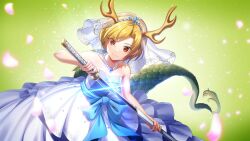 Rule 34 | 1girl, adapted costume, alternate costume, antlers, artist request, bare shoulders, blonde hair, blue bow, bow, brown eyes, collarbone, diffraction spikes, dragon horns, dragon tail, dress, glint, highres, holding, holding sword, holding weapon, horns, jewelry, katana, kicchou yachie, necklace, sheath, short hair, smile, solo, sword, tail, third-party source, touhou, touhou danmaku kagura, unsheathing, veil, weapon