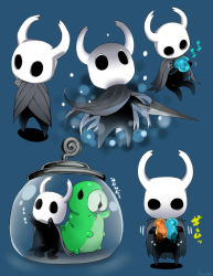 Rule 34 | 1other, arizuka (catacombe), blue background, bug, cloak, highres, holding, holding sword, holding weapon, hollow knight, bug, knight (hollow knight), multiple views, simple background, sitting, standing, sword, translation request, weapon, worm