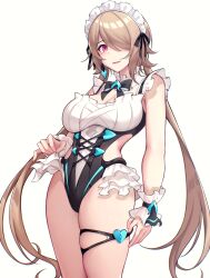 Rule 34 | 1girl, absurdres, breasts, brown hair, cowboy shot, frilled one-piece swimsuit, frills, hair over one eye, highres, honkai (series), honkai impact 3rd, jo an, large breasts, long hair, looking at viewer, maid headdress, mole, mole under eye, one-piece swimsuit, open mouth, pink eyes, rita rossweisse, simple background, skindentation, smile, solo, swimsuit, thigh strap, twintails, very long hair, white background